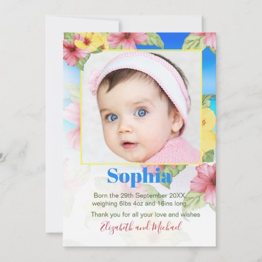 Baby Faire-part Photo Plage florale tropicale (Devant)