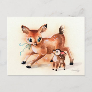 Baby Fawn en Mama Deer Cute Kitsch Briefkaart