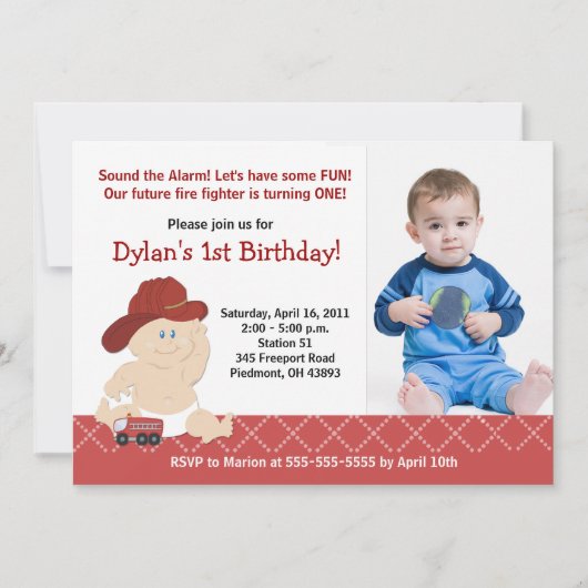 Baby Firefighter Photo Anniversaire Invitation Que (Devant)