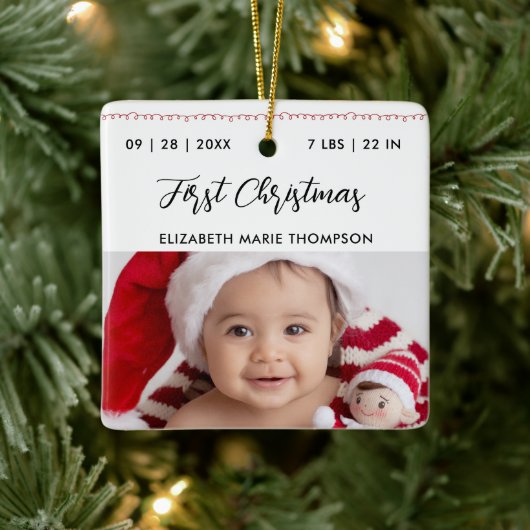 Baby First Christmas Birth Stats Name Calligraphy  Keramisch Ornament (Boom)