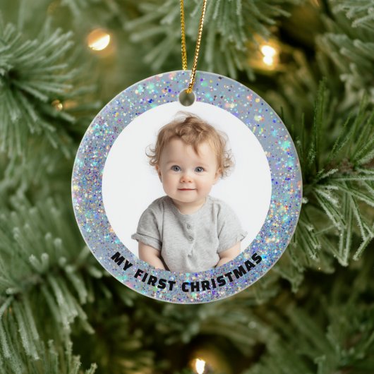 Baby First Christmas Custom Photo Glitter Ornament (Boom)