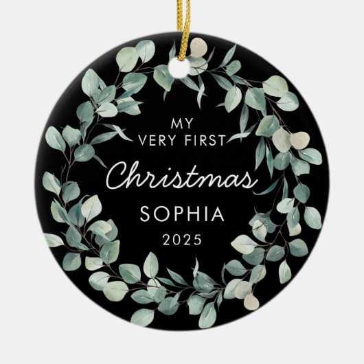 Baby First Christmas Eucalyptus Wreath Black Keramisch Ornament (Voorkant)
