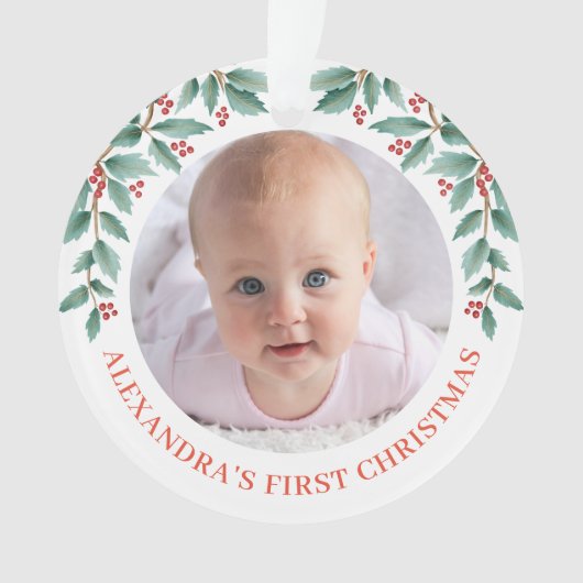 Baby First Christmas Holly Wreath Watercolor Rose (devant)