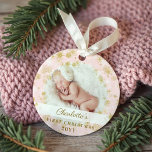 Baby First Christmas Magical Gold Snowflakes Photo<br><div class="desc">Flocon de neige magique en or frontalier le premier ornement photo de Noël pour bébé. Le premier ornement de Noël pour bébé rose et or peut être customisé avec le nom du bébé,  l'année,  et une photo sur le devant et une sur le dos.</div>