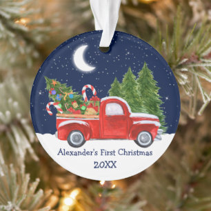 Baby First Christmas Red Truck Forest Stars Sky