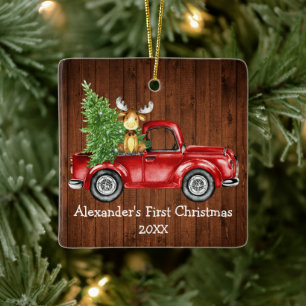 Baby First Christmas Red Truck Moose Rustic Keramisch Ornament
