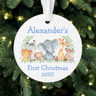 Baby First Christmas Safari Animaux Blue Round