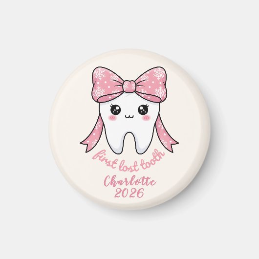 Baby First Tooth Pink Bow Milestone Kawaii Tooth Magneet (Voorkant)