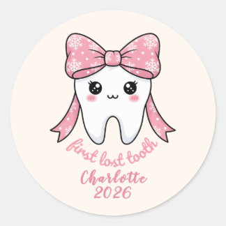 Baby First Tooth Pink Bow Milestone Kawaii Tooth Ronde Sticker
