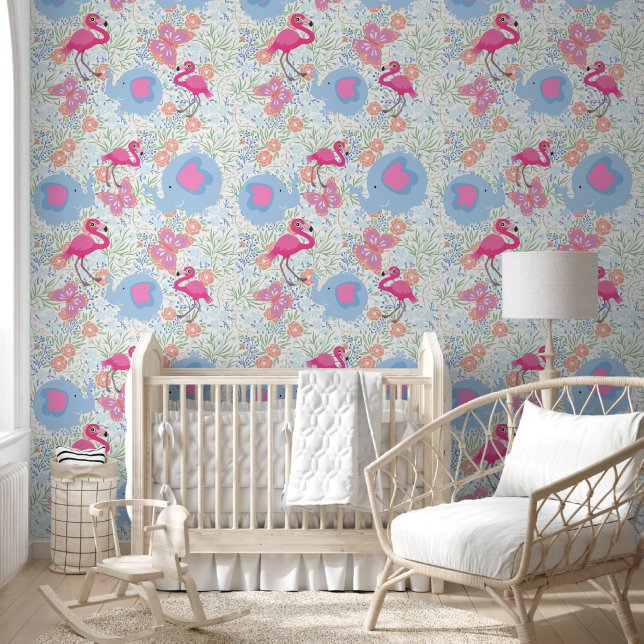 Baby Flamingo's Vrienden Tropisch Greenery Pattern Behang (Kinderen)
