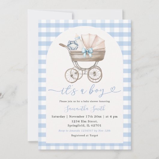 Baby Fles Carriage Blue Gingham Baby shower Kaart (Voorkant)