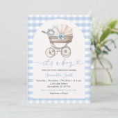 Baby Fles Carriage Blue Gingham Baby shower Kaart (Staand voorkant)