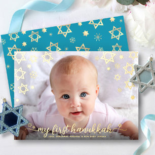 Baby Foto 1e Chanoeka Ster van David Real Gold Folie Feestdagenkaart