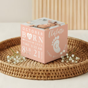 Baby Foto Aandenken & Geboorte Stats Roze Monogram Kubus
