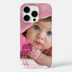 Baby Foto Baby Stats Roze Ooievaar iPhone 16 Pro Hoesje