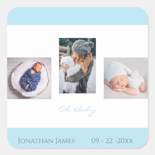 Baby Foto Blue Boy Script Birth Name Notice Vierkante Sticker (Voorkant)