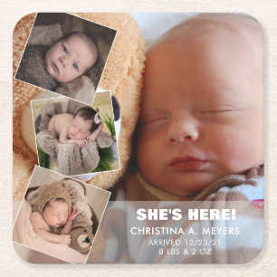 Baby Foto Collage Birth kondiging Vierkante Kartonnen Onderzetter