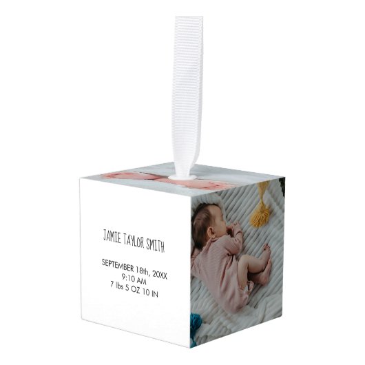 Baby Foto Collage Keepomwille Naam Geboortedatum Kubus Ornament (Voorkant hoekig)