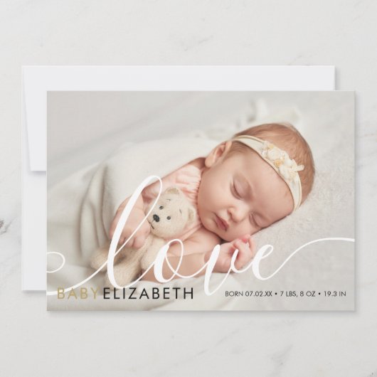 Baby Foto Cute Script Gold Love Heth Birth Aankondiging (Voorkant)