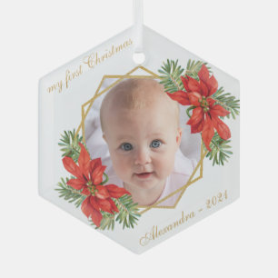Baby Foto Eerste Kerstmis Bloemige Gouden Poinsett Glas Ornament