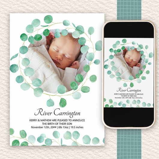Baby Foto Eucalyptus Greenery Unisex Birth Aankondiging