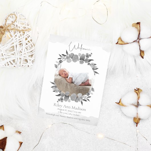 Baby Foto Eucalyptus Modern Gray Aankondiging