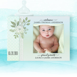 Baby foto geboortedatum foto retro Pastel Script A Bedankkaart