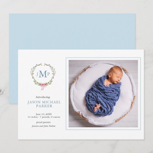 Baby foto Greenery monogrammed Aankondiging (Voorkant / Achterkant)