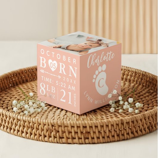 Baby Foto Keepslag & Birth Stats Roze monogram Kubus