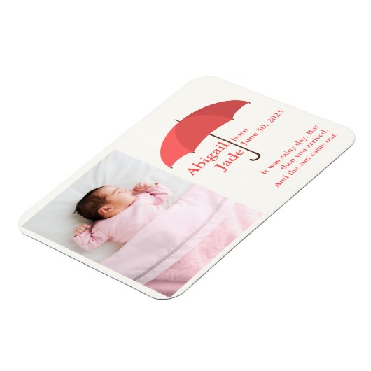 Baby Foto met naam en datum onder rode paraplu Magneet (Linkerzijde)