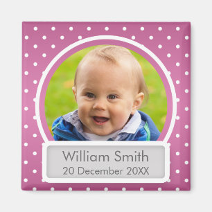 Baby Foto met naam en datum Polka Pink Roze Magneet