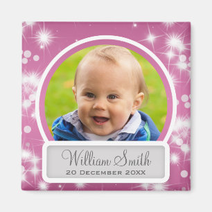 Baby Foto met naam en datum wintersparkle roze Magneet