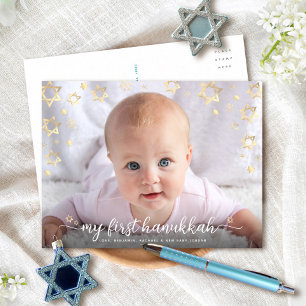 Baby Foto Mijn Eerste Hanukkah Script Ster van Dav Feestdagenkaart
