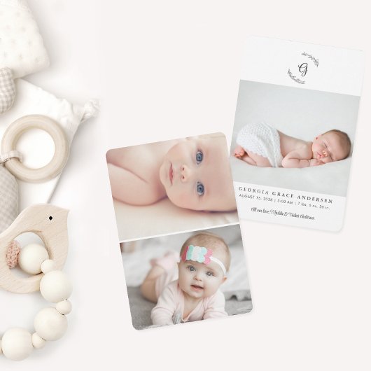Baby Foto Modern Monogram Laurel Birth Aankondiging