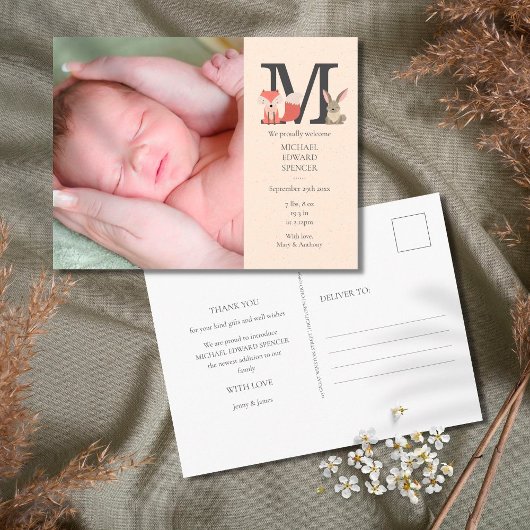 Baby Foto Monogram geboorteaankondiging Briefkaart