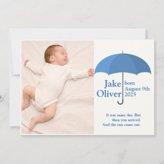 Baby foto, naam, datum, blauwe paraplu aankondigin kaart