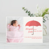 Baby foto, naam, datum, rode paraplu aankondiging (Staand voorkant)