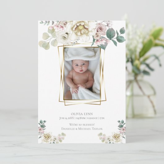 Baby | Foto toevoegen Alabaster Peonies Gold Lijst Kaart (Staand voorkant)