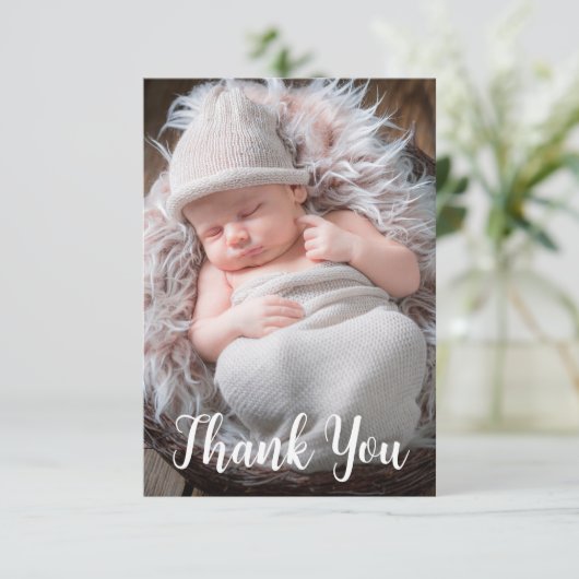 Baby Fotoaankondiging handgeschreven script Bedankkaart (Staand voorkant)