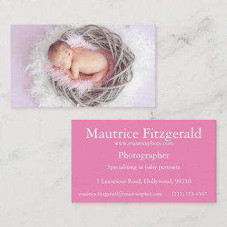Baby fotograaf roze met wit schrift visitekaartje