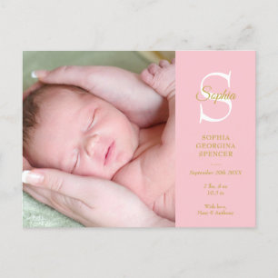 Baby Foto's Roze Monogram Elegante Geboorte Aankondigingskaart