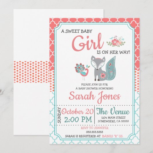Baby Fox Baby shower Uitnodiging - Meisje (Voorkant / Achterkant)