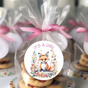 Baby Fox in Bloemen Baby shower Het is een meisj Ronde Sticker