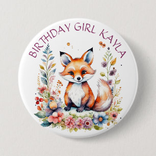 Baby Fox in Bloemen Verjaardag gIRL Gepersonalisee Ronde Button 7,6 Cm