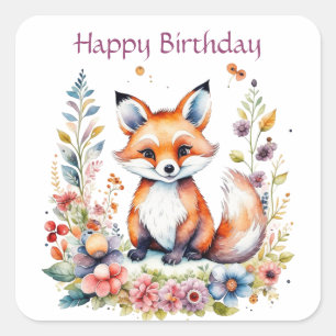 Baby Fox in Flowers Happy Birthday Vierkante Sticker