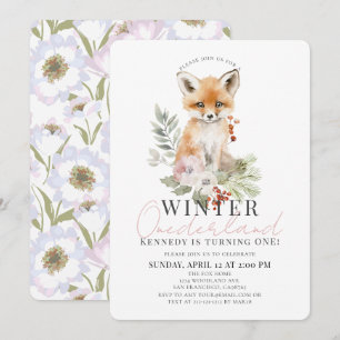Baby Fox Winter Onederland Meisje 1e Verjaardag Kaart
