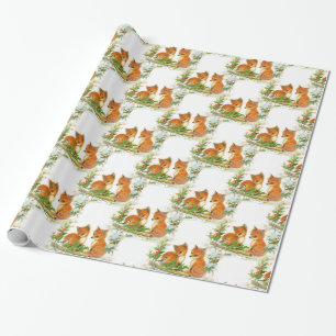 Baby foxes Holly Bird kerstwrapping Paper Cadeaupapier