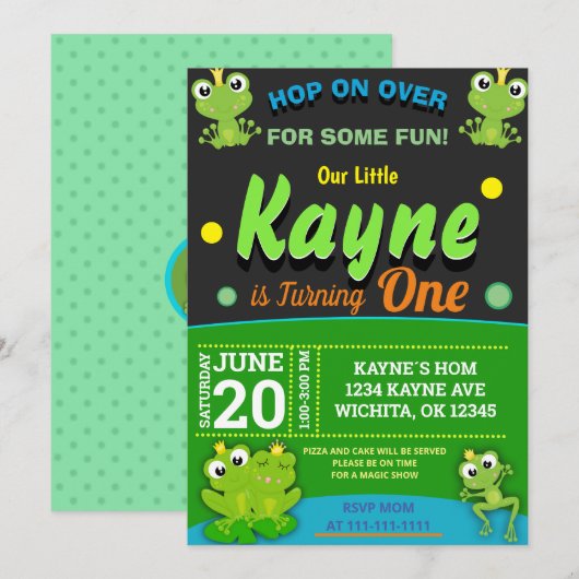 BABY FROG 1ST BIRTHDAY INVITATION SJABLOON KAART (Voorkant / Achterkant)