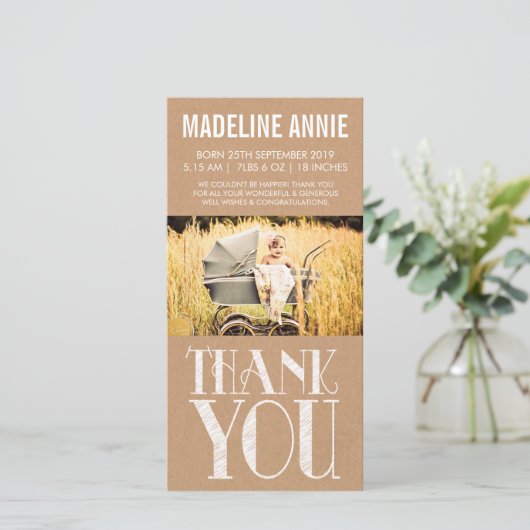 Baby Geboorte Bedankt Fotokaarten Rustic Burlap (Staand voorkant)