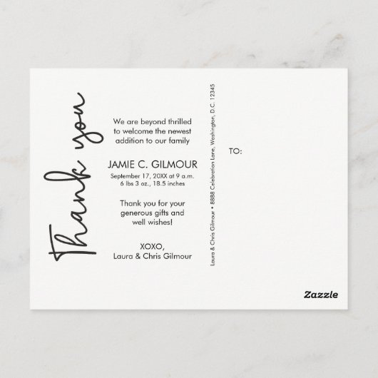 Baby geboorteaankondiging bedankt witboek briefkaart (Achterkant)